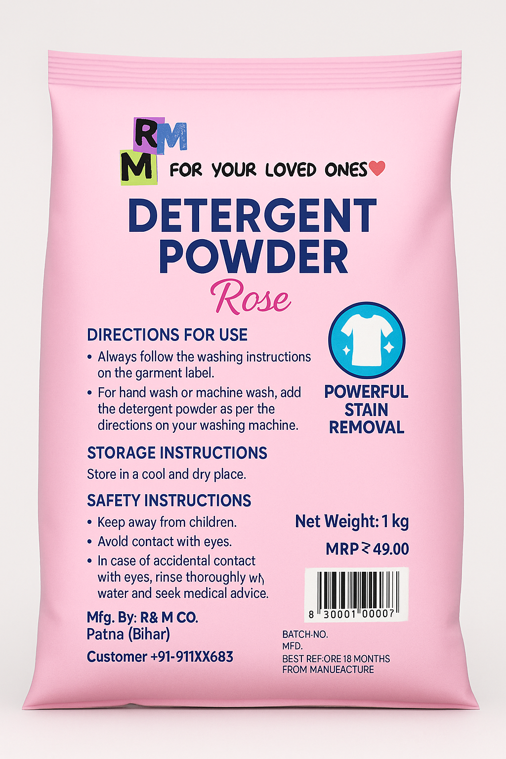R&M Detergent Powder Rose β 1kg | Powerful Stain Removal | Fresh Fragrance
