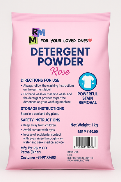 R&M Detergent Powder Rose – 1kg | Powerful Stain Removal | Fresh Fragrance
